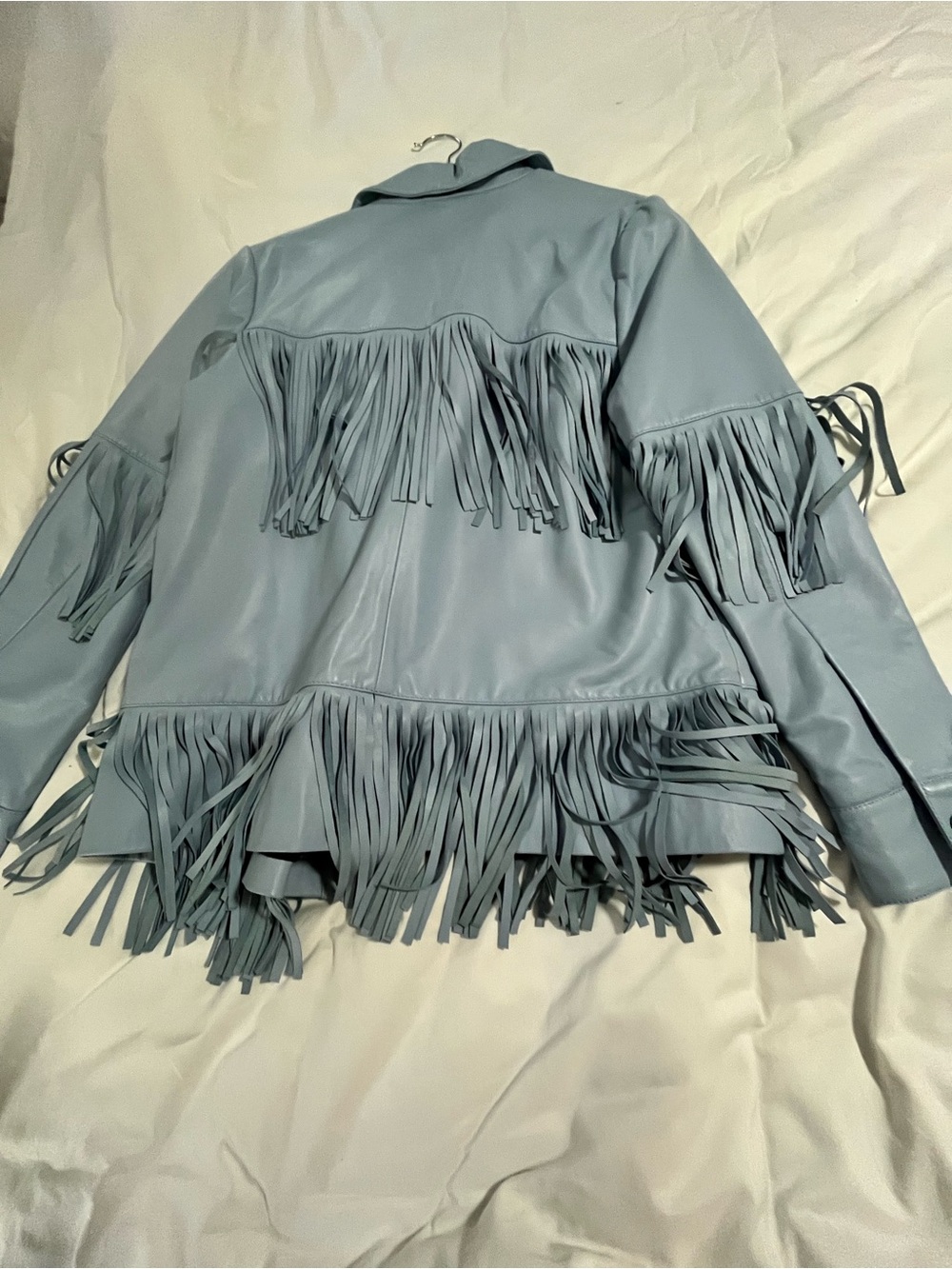 Walter Baker Powder Blue Fringe Leather Jacket - Picture 3 of 3